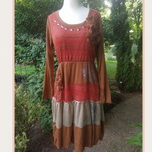 Boho Mixed Media Patchwork Sweater Dress Size M